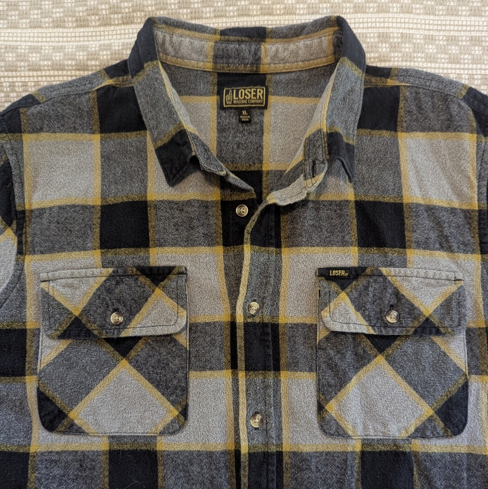 Men's Loser Machine Black and Yellow Heavy Flannel Shirt XL